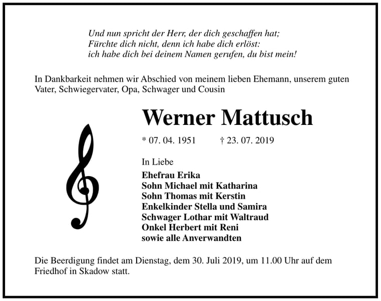 Traueranzeige Werner Mattusch