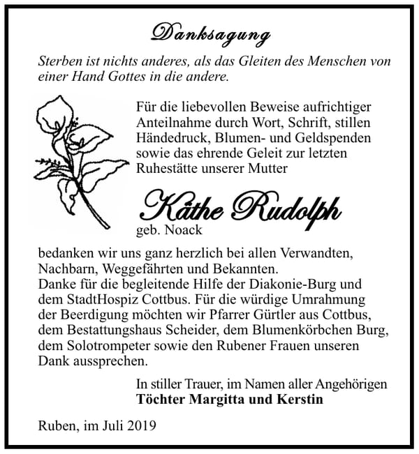 Traueranzeige Käthe Rudolph, geb. Noack