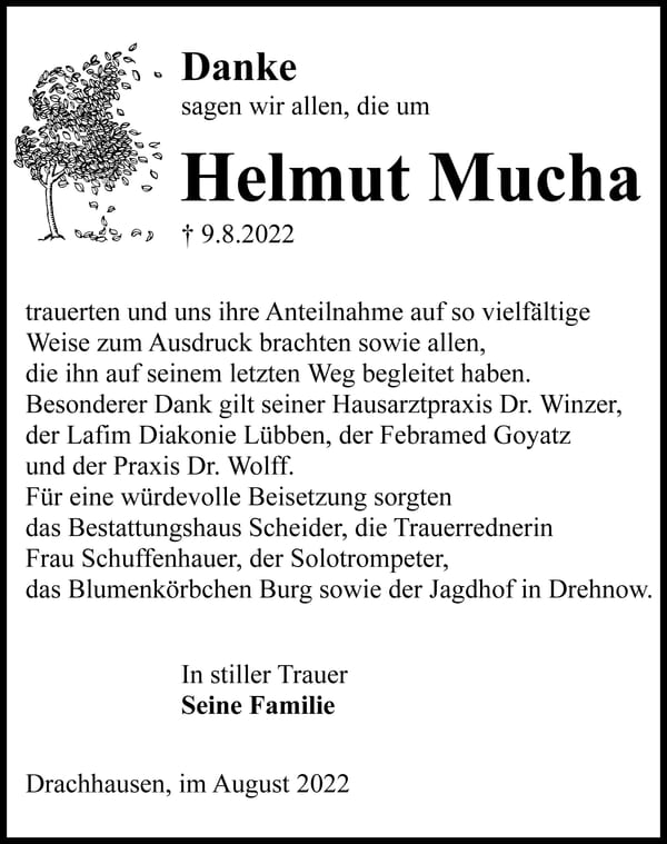 Danksagung Helmut Mucha