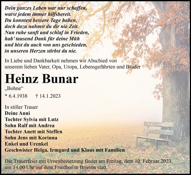 Traueranzeige Heinz Bunar