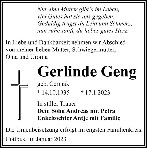 Traueranzeige Gerlinde Geng, geb. Cermak