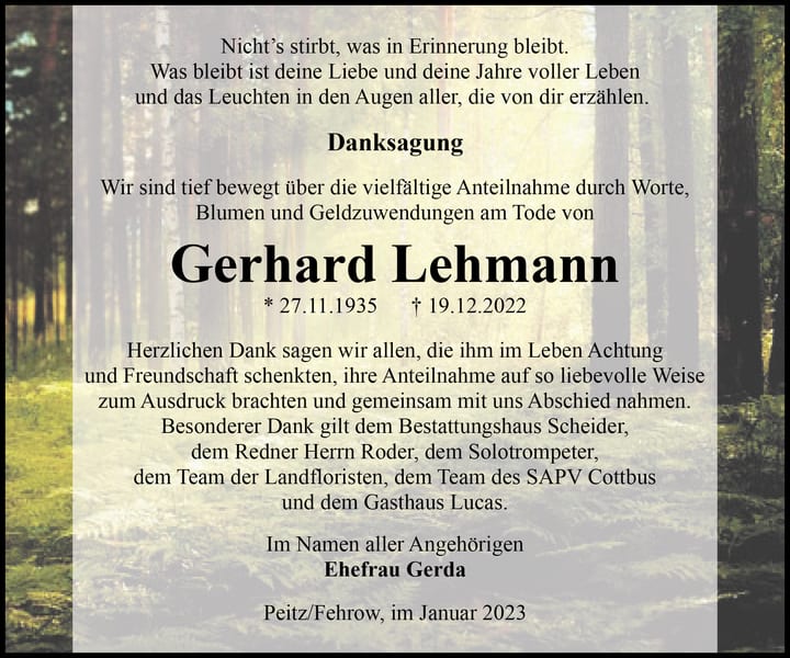 Danksagung Gerhard Lehmann