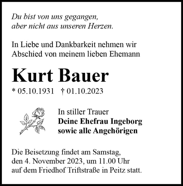 Traueranzeige Kurt Bauer