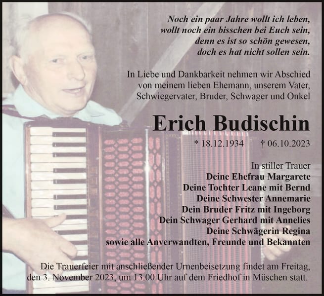Traueranzeige Erich Budischin