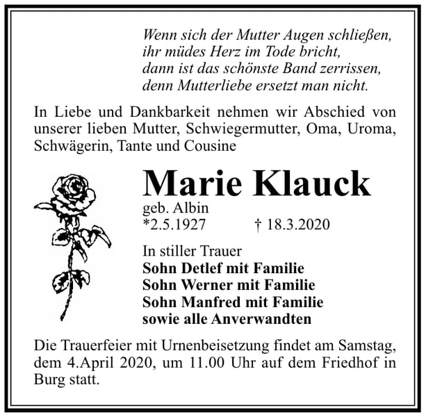 Traueranzeige Marie Klauck, geb. Albin
