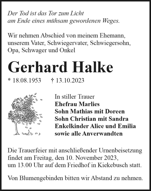 Traueranzeige Gerhard Halke
