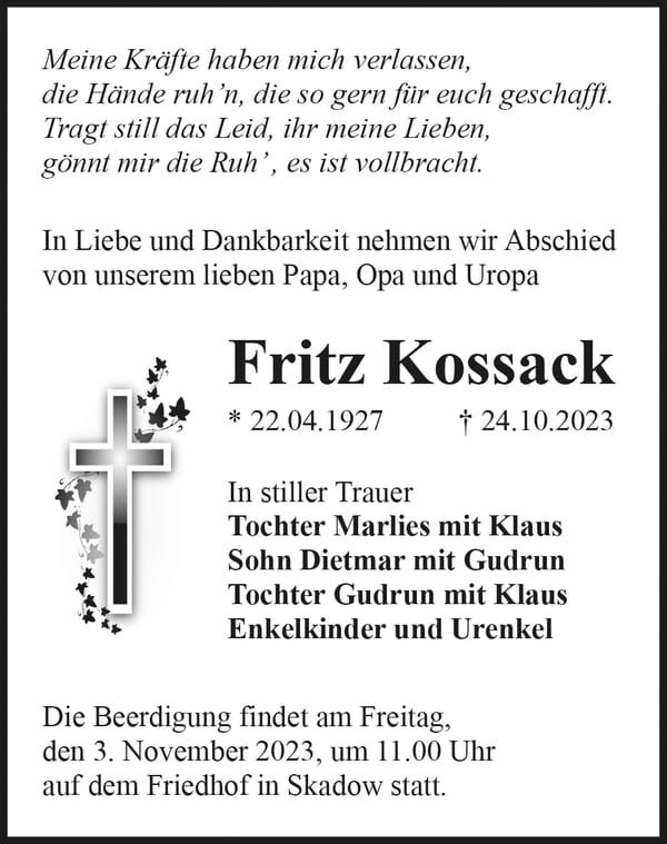 Traueranzeige Fritz Kossack