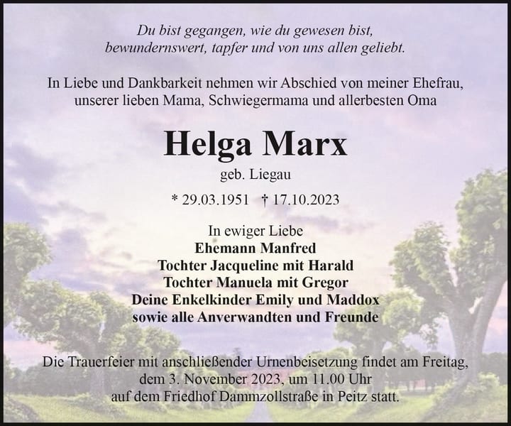 Traueranzeige Helga Marx, geb. Liegau