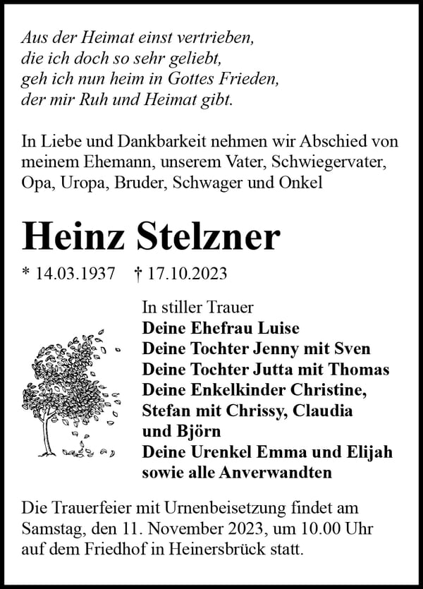 Traueranzeige Heinz Stelzner