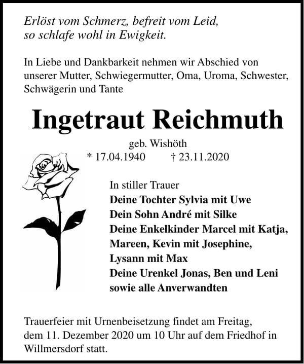 Traueranzeige Ingetraut Reichmuth, geb. Wishöth