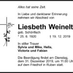 Traueranzeige Liesbeth Weinelt, geb. Schönfisch