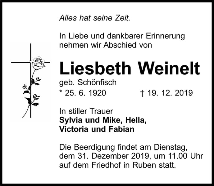 Traueranzeige Liesbeth Weinelt, geb. Schönfisch