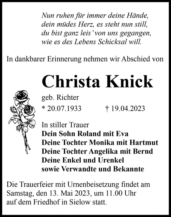 Traueranzeige Christa Knick, geb. Richter