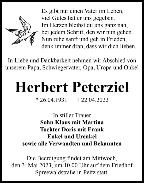 Traueranzeige Herbert Peterziel