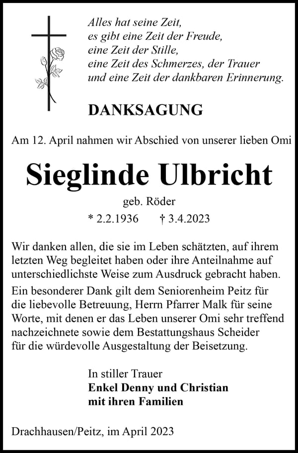Traueranzeige Sieglinde Ulbricht, geb. Röder