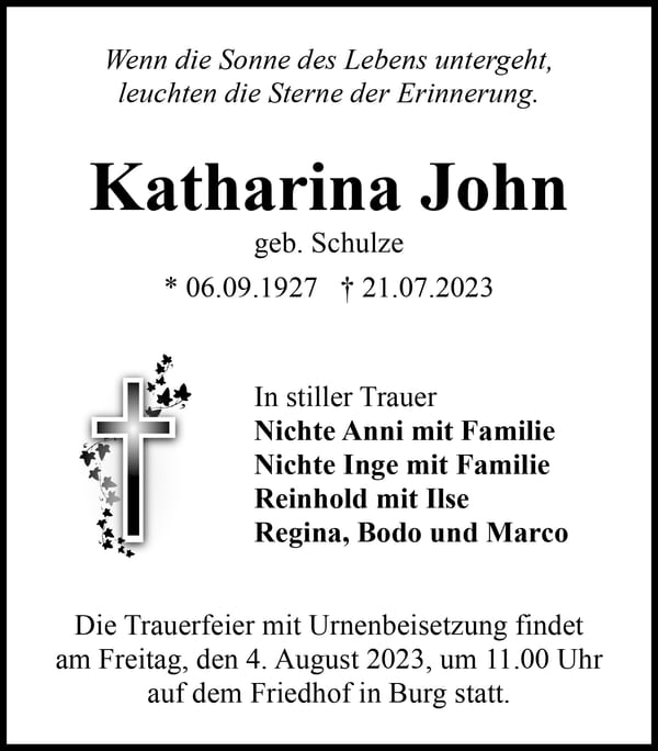 Traueranzeige Katharina John, geb. Schulze