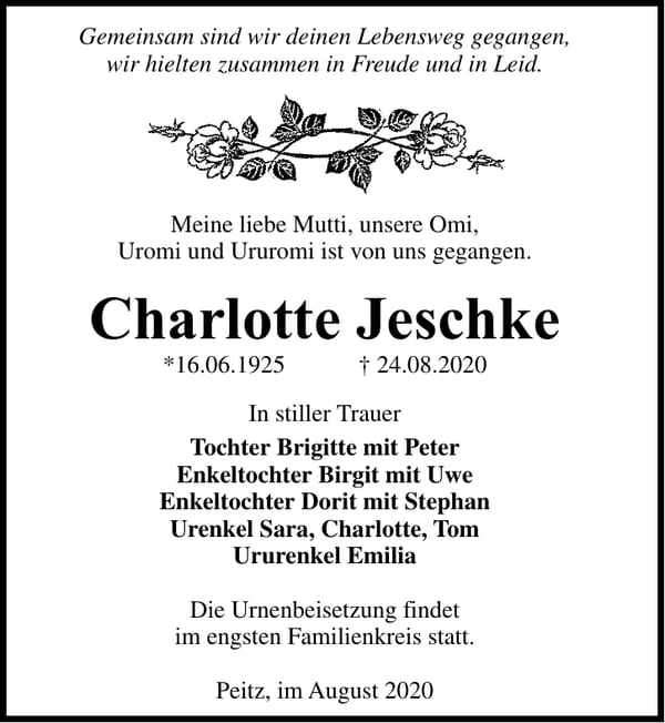 Traueranzeige Charlotte Jeschke