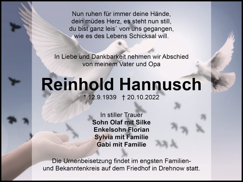 Traueranzeige Reinhold Hannusch
