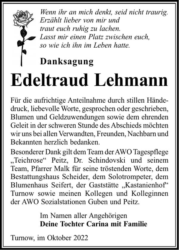 Danksagung Edeltraud Lehmann
