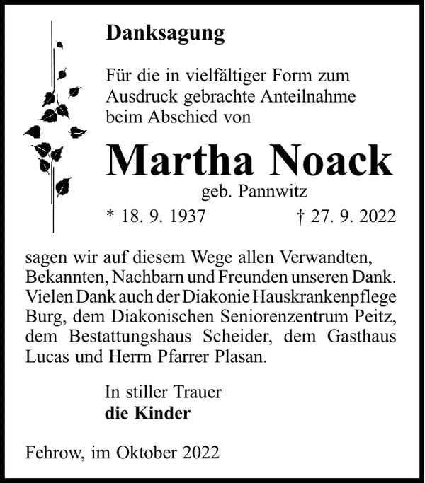 Danksagung Martha Noack, geb. Pannwitz