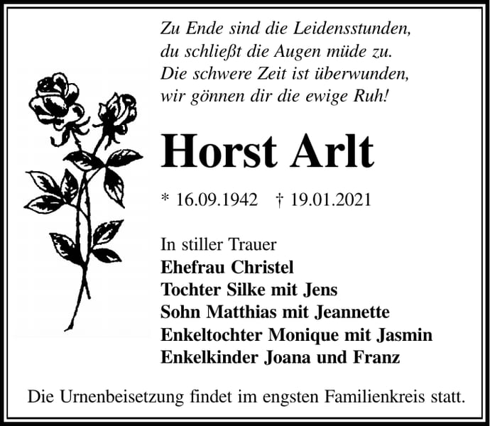 Traueranzeige Horst Arlt