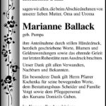 Danksagung Marianne Ballack, geb. Pumpa