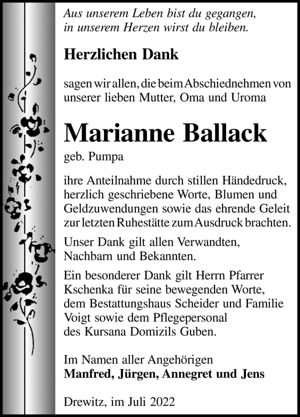 Danksagung Marianne Ballack, geb. Pumpa