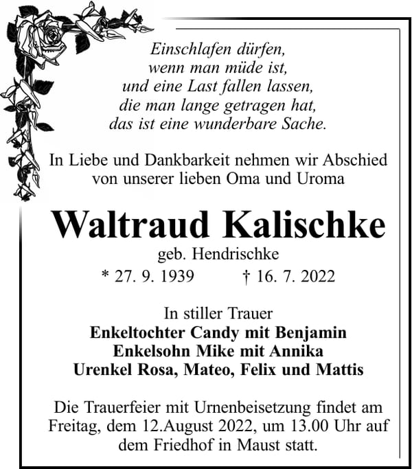 Traueranzeige Waltraud Kalischke, geb. Hendrischke