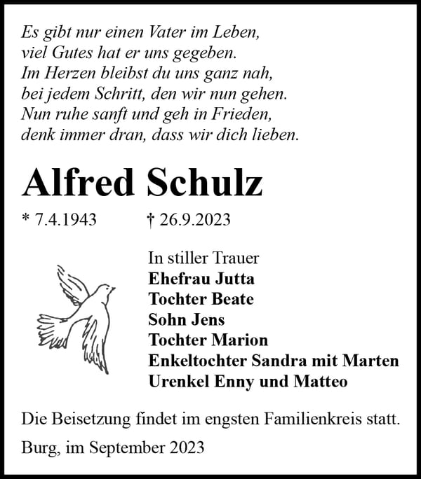 Traueranzeige Alfred Schulz