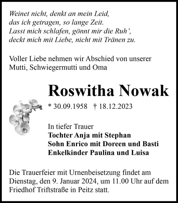Traueranzeige Roswitha Nowak