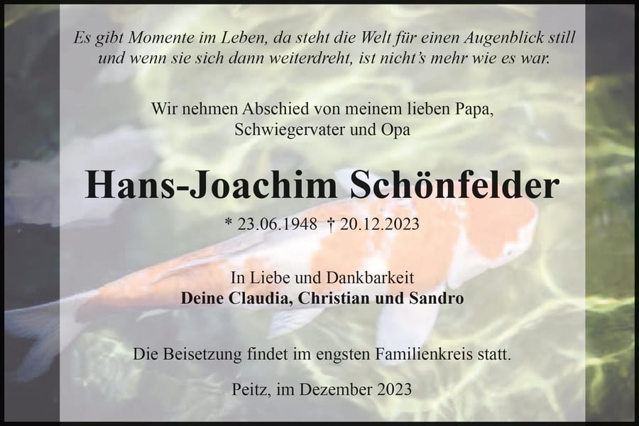 Traueranzeige Hans-Joachim Schönfelder