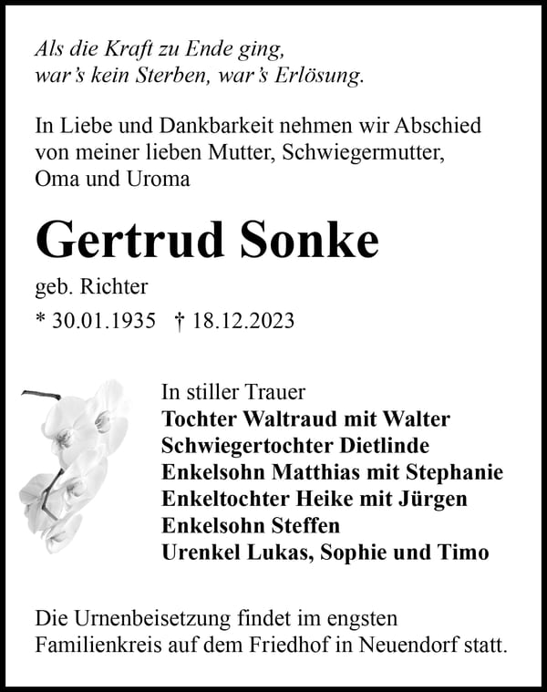 Traueranzeige Gertrud Sonke, geb. Richter