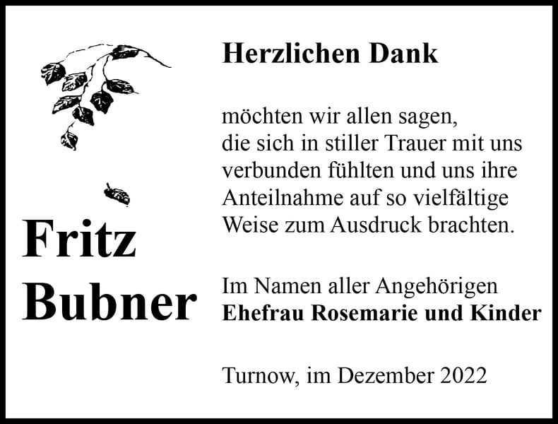 Danksagung Fritz Bubner