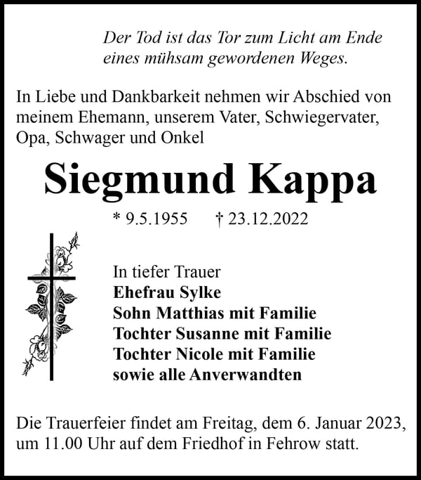 Traueranzeige Siegmund Kappa