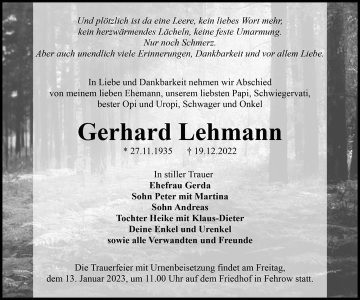 Traueranzeige Gerhard Lehmann