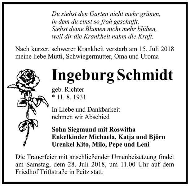 Traueranzeige Ingeburg Schmidt geb. Richter