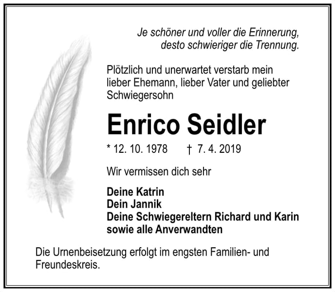 Traueranzeige Enrico Seidler