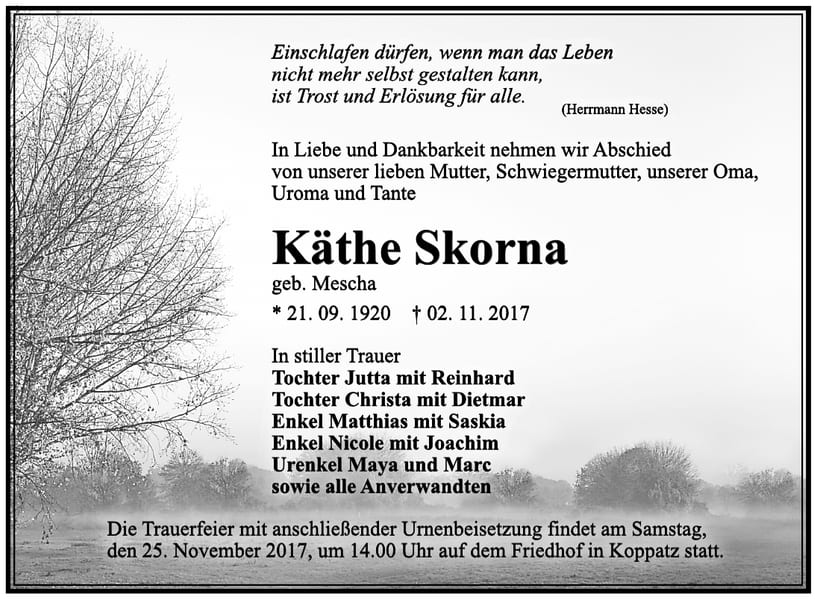 Traueranzeige Käthe Skorna, geb. Mescha