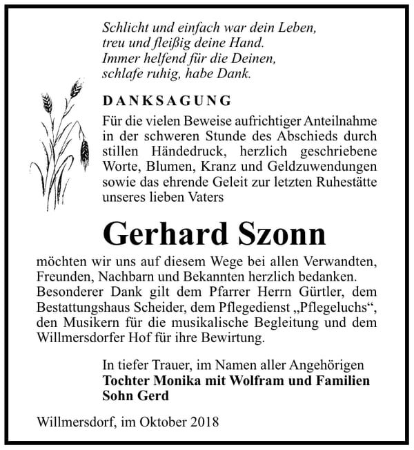 Danksagung Gerhard Szonn
