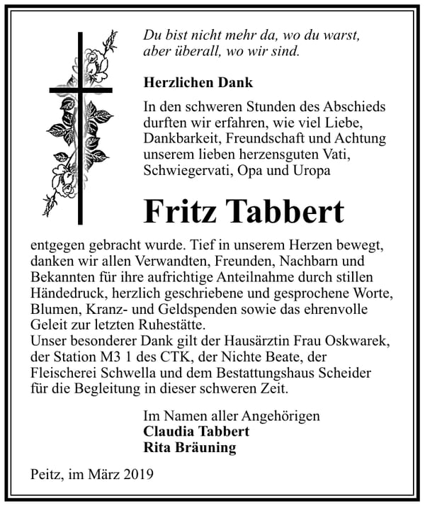 Traueranzeige Fritz Tabbert