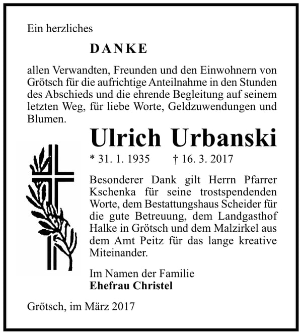 Danksagung Ulrich Urbanski