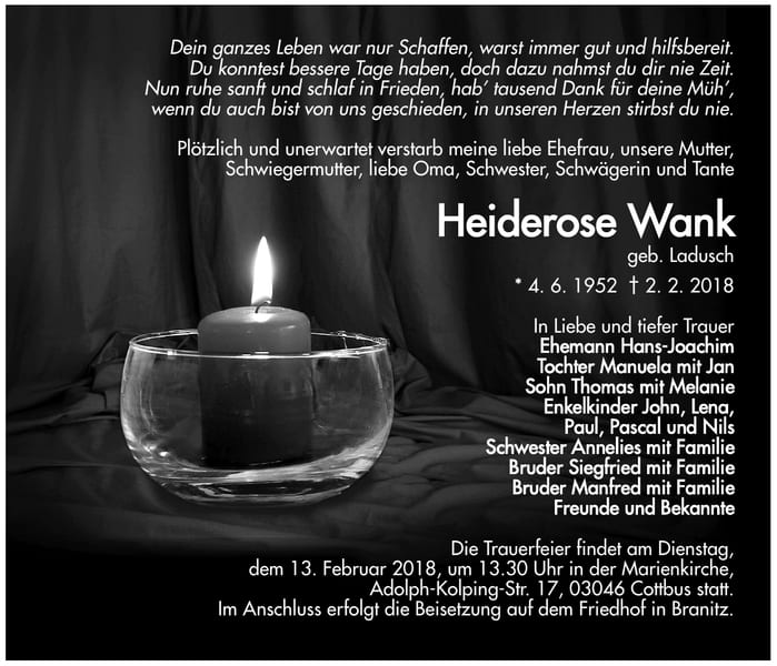 Traueranzeige Heiderose Wank, geb. Ladusch