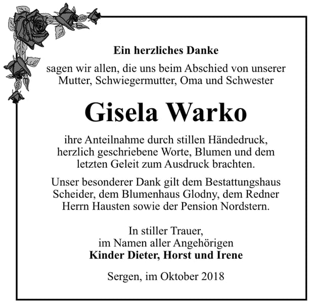 Danksagung Gisela Warko