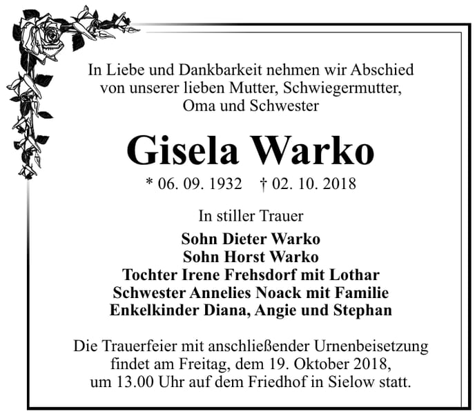 Traueranzeige Gisela Warko