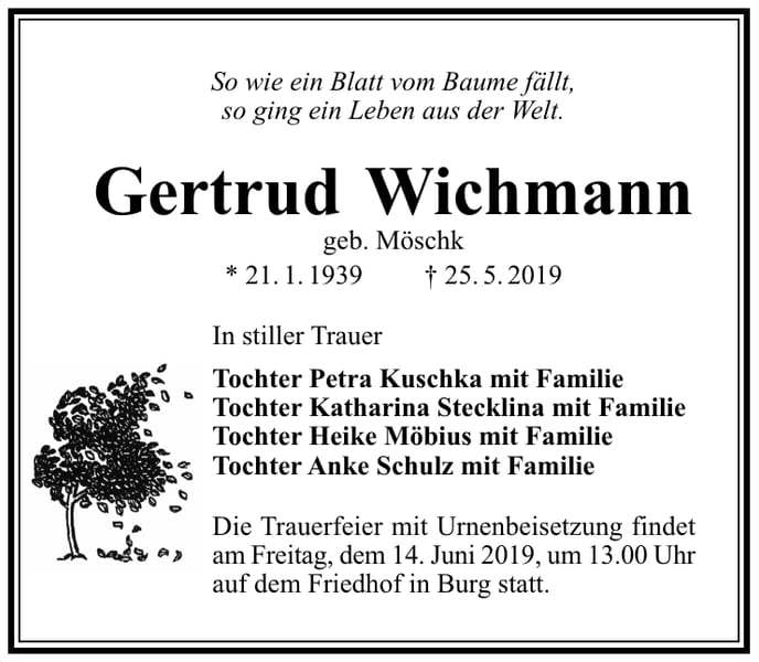 Traueranzeige Gertrud Wichmann, geb. Möschk
