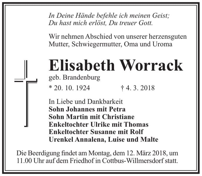Traueranzeige Elisabeth Worrack, geb. Brandenburg