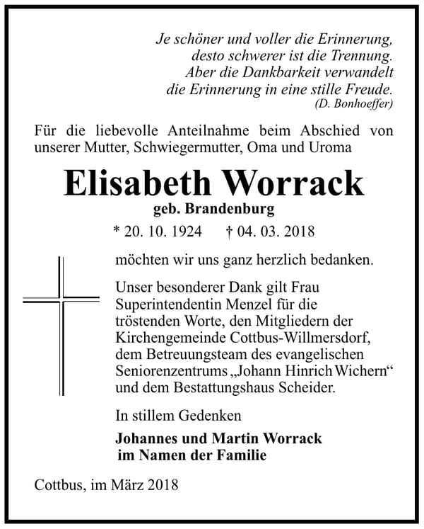 Danksagung Elisabeth Worrack, geb. Brandenburg