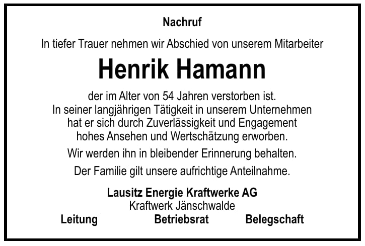 Nachruf Henrik Hamann