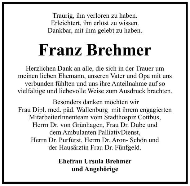 Danksagung Franz Brehmer
