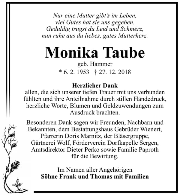 Traueranzeige Monika Taube, geb. Hammer